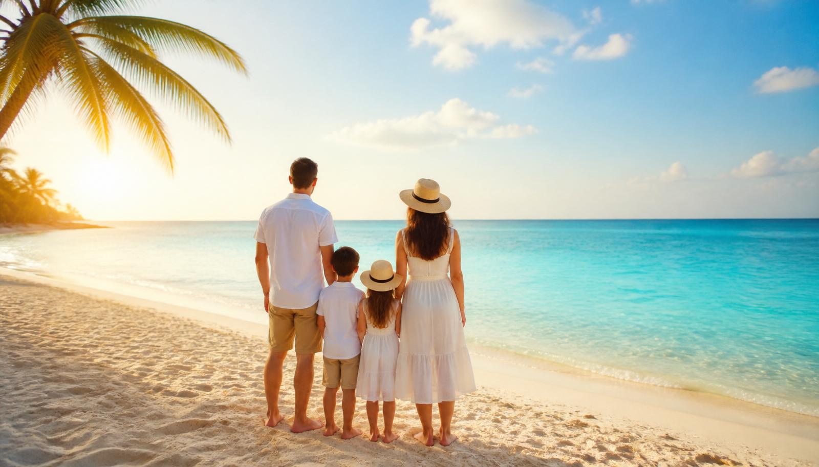 Familie am Strand blickt aufs Meer
